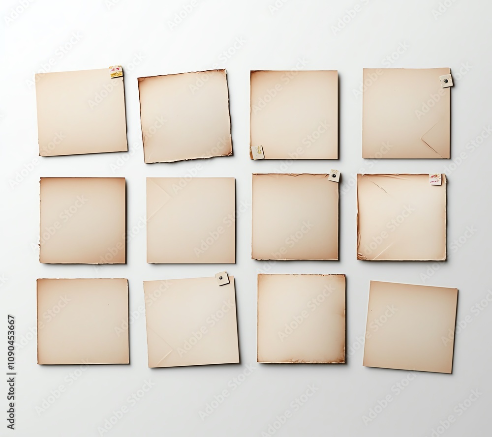 Poster a collection of twelve vintage blank paper sheets with burnt edges, arranged in a grid pattern again