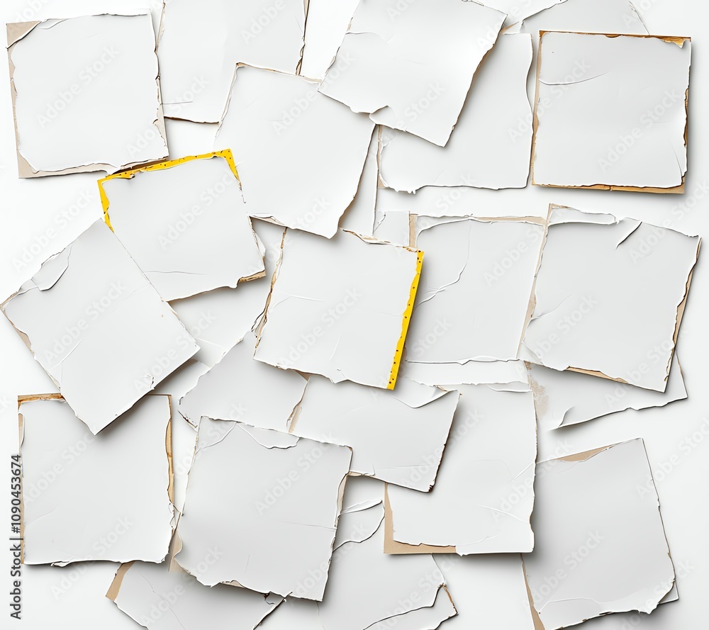 Poster a collection of torn paper pieces overlapping on a white background, showcasing textures and pattern