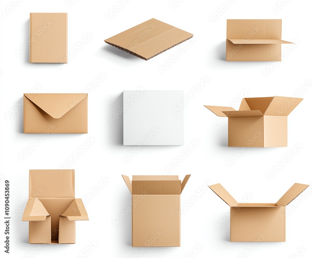 Poster a collection of various cardboard boxes and envelopes isolated on a white background. the arrangemen
