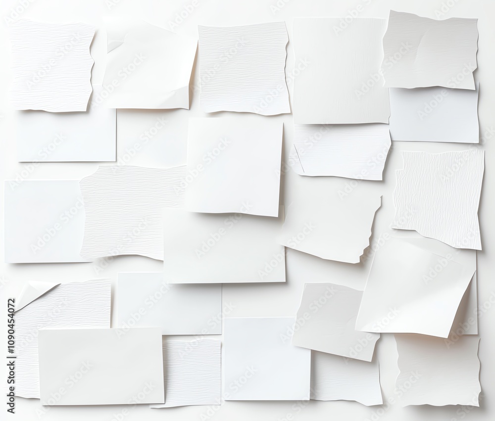 Poster a collection of various white torn paper pieces arranged randomly on a white background, creating a 