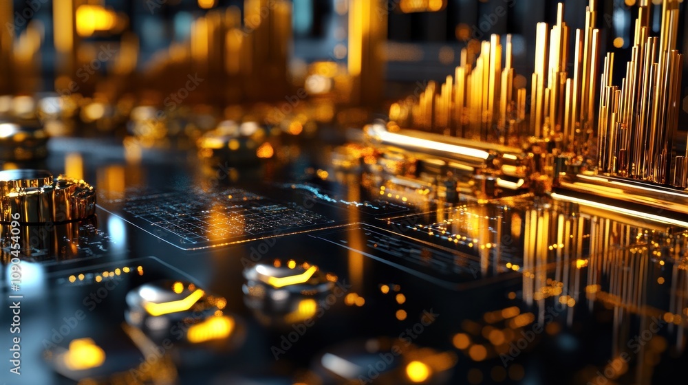 Poster A close-up view of a futuristic circuit board with golden accents and data visualizations.
