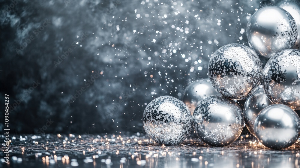 Poster a cluster of shiny silver ornaments creating a festive atmosphere with sparkling effects.