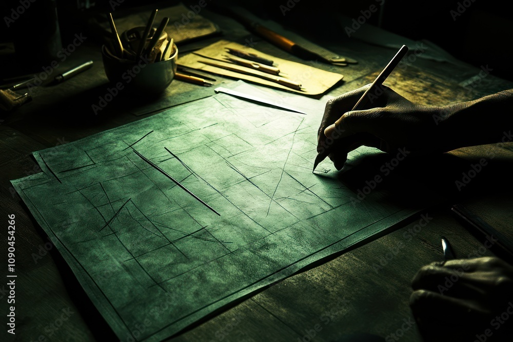 Poster A hand sketches geometric patterns on dark paper in a dimly lit workspace.