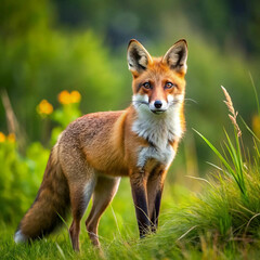 A red fox standing on a lush grassland during the summertime