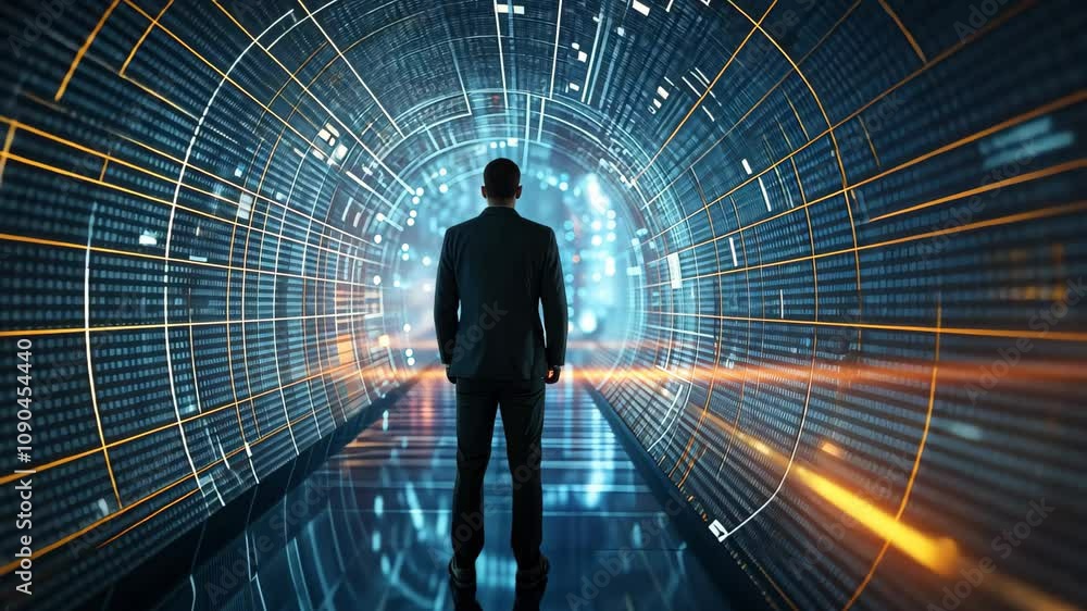 Poster a businessman stands in the center of a digital tunnel, facing forward towards the glowing light at 