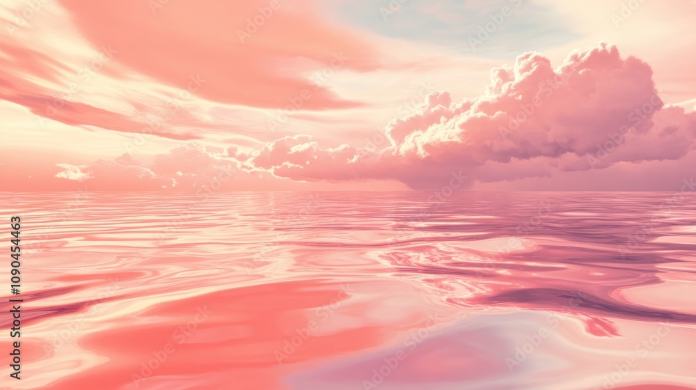 Poster tranquil pink sunset over calm ocean waters with soft pastel clouds reflecting on smooth surface cre