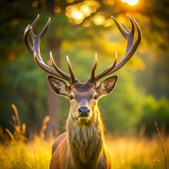 A sunlit red deer stag with newly growing antlers