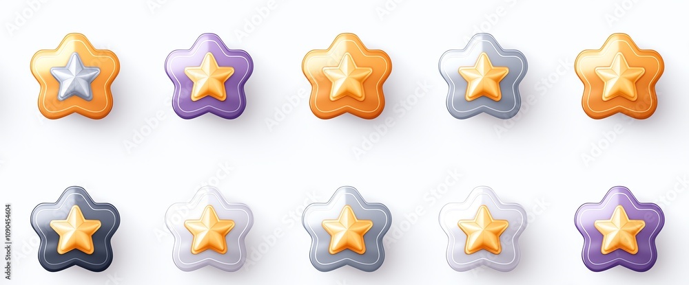 Poster A colorful set of star-shaped rating icons in various shades and styles on a white background. Ideal for digital projects requiring diverse iconography.