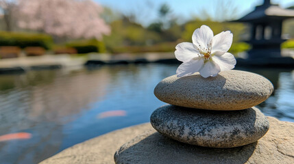Fototapeta premium Serene Japanese Garden in Spring with Cherry Blossom Petals on Stack of Stones by Tranquil Water Reflection and Blossoming Trees in Background
