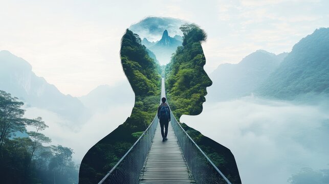 The Path Within: A double exposure image of a man walking a path, symbolizing inner journey and self-discovery, set against a dramatic mountain landscape.  