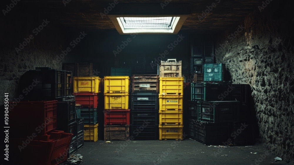 Poster a dimly lit storage area filled with colorful crates stacked against a stone wall.