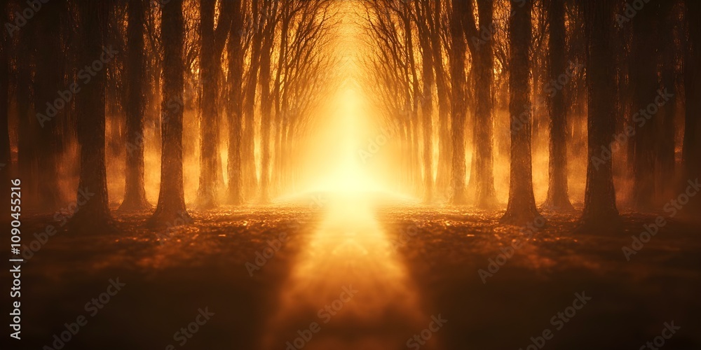 Poster a serene forest path illuminated by a bright golden light, surrounded by tall trees that create a my