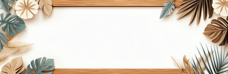 Obraz premium A decorative wooden frame adorned with various dried leaves and flowers on a white background, perfect for invitations, nature-themed designs, or home decor inspiration.