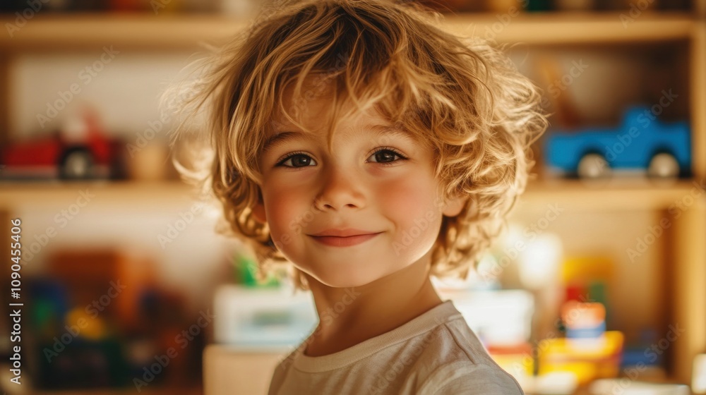 Poster a smiling child with curly hair in a colorful playroom filled with toys.