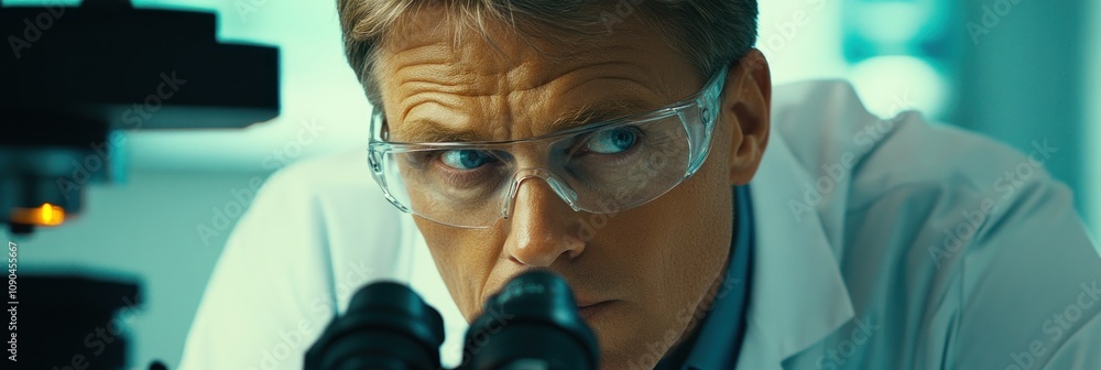 Poster a focused scientist examines samples under a microscope in a laboratory setting.