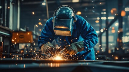 A welder in a blue jumpsuit and welding helmet, lifting the helmet visor and looking into the camera, with sparks flying from welding steel beams behind