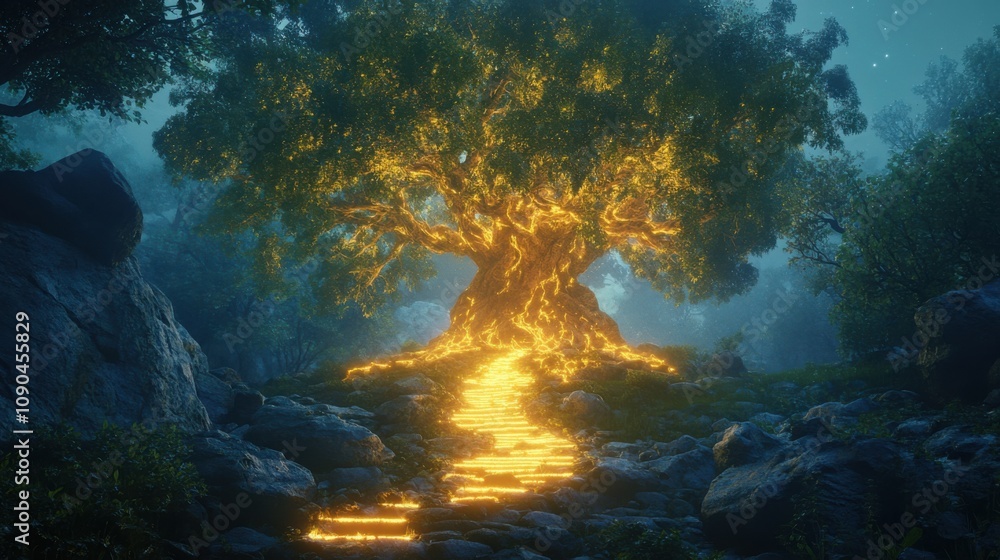 Poster ethereal glowing tree in enchanted forest with illuminated path highlighting nature's beauty and mys