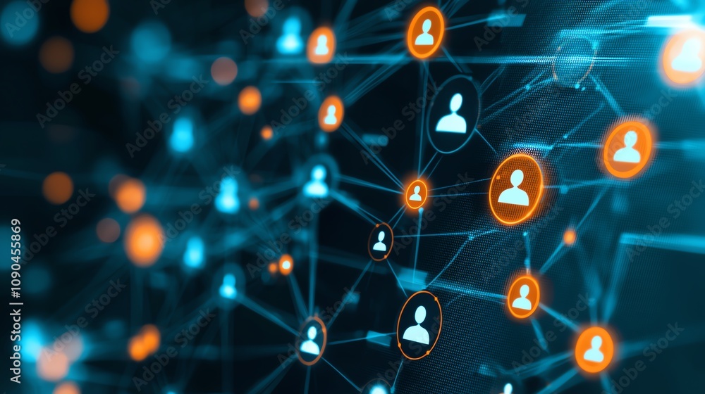 Poster a digital network with interconnected nodes representing human profiles, symbolizing communication, 