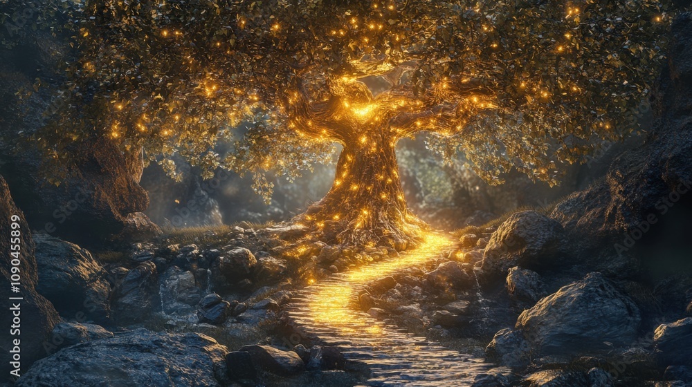 Poster enchanted glowing tree surrounded by mystical light in a fantasy forest at twilight with sparkling p
