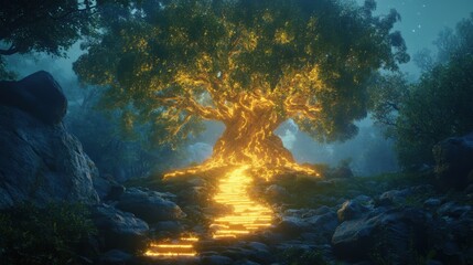 Ethereal Glowing Tree in Enchanted Forest with Illuminated Path Highlighting Nature's Beauty and Mysticism in a Serene Twilight Setting