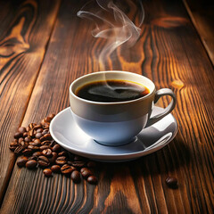 Fototapeta premium Here is the image of hot black coffee placed on a rustic wooden table,