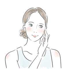 顔に手を当ててスキンケアをしている笑顔の若い女性