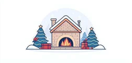 A cozy winter scene featuring a charming house with a warm fireplace, surrounded by festive trees and gifts.