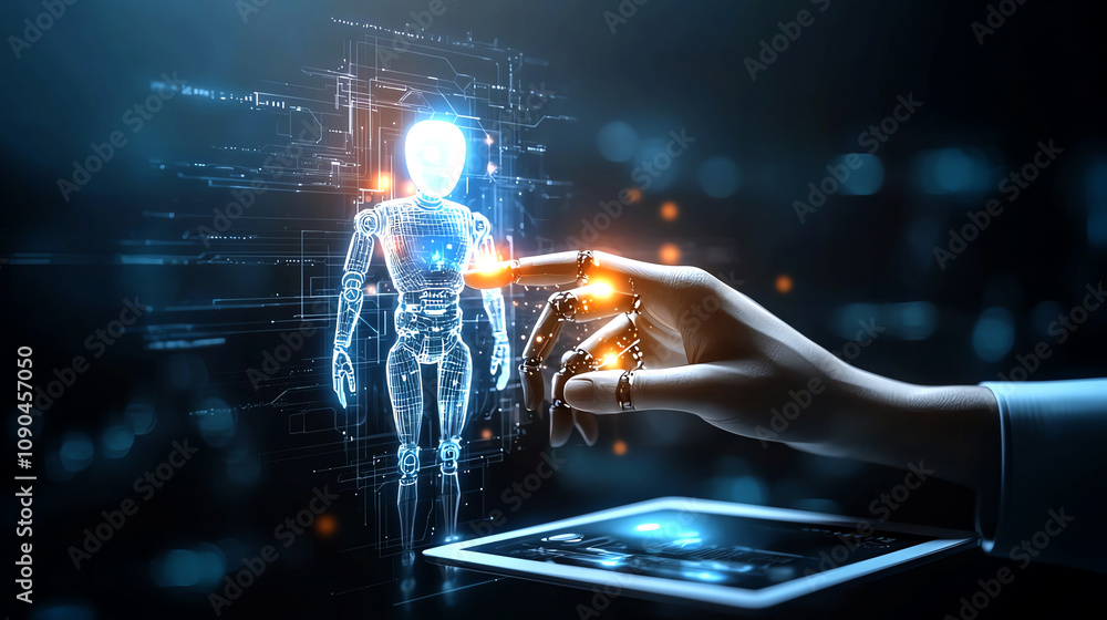 Poster a futuristic concept of human-computer interaction showing a hand interacting with a digital interfa