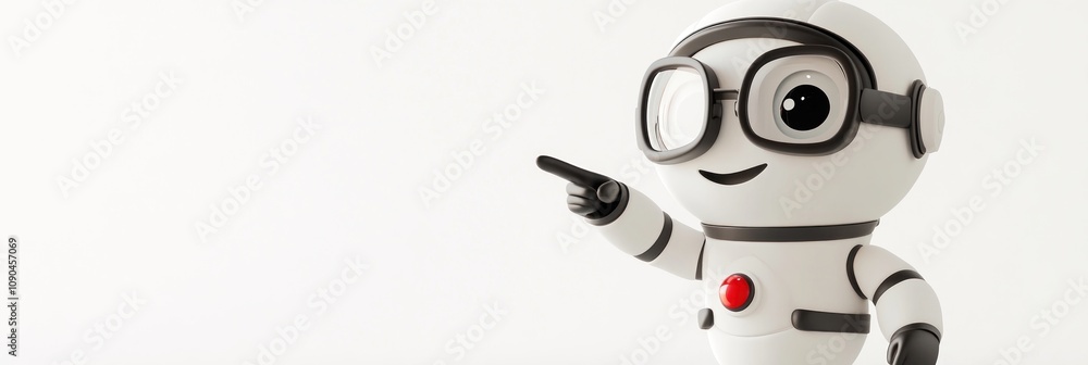 Poster a cheerful robot character with glasses, pointing and smiling against a plain background.