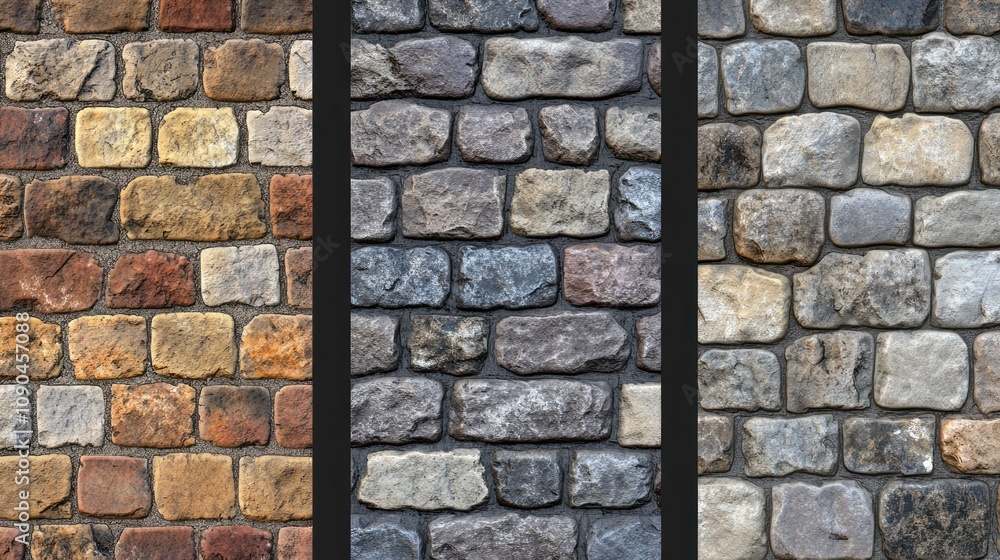 Poster three panels of textured stone walls in varying colors and patterns.