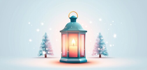 Obraz premium A serene winter scene featuring a glowing lantern surrounded by snowy trees, evoking warmth and holiday spirit.