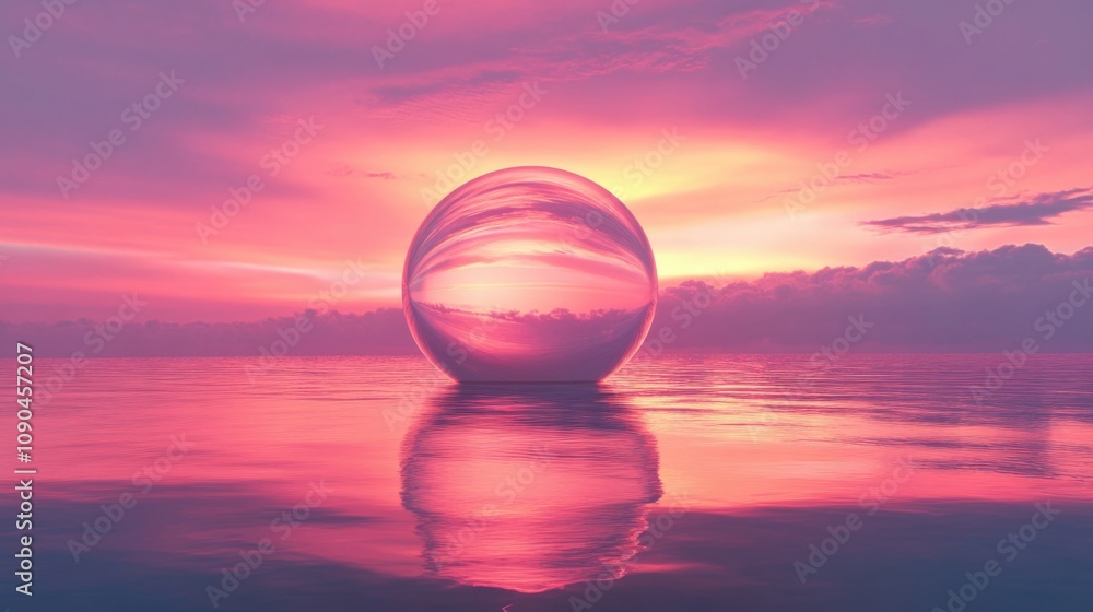 Aufkleber ethereal sunset reflection with a glowing sphere over a serene ocean and colorful clouds creating a 
