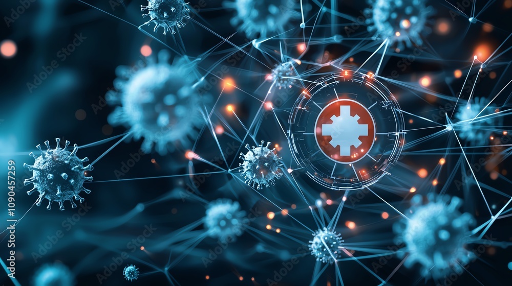 Poster a futuristic representation of networked cells and technology with a central icon. ideal for illustr
