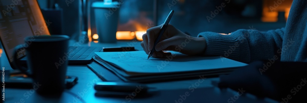 Poster a person writing in a notebook at a dimly lit workspace with a laptop and coffee.
