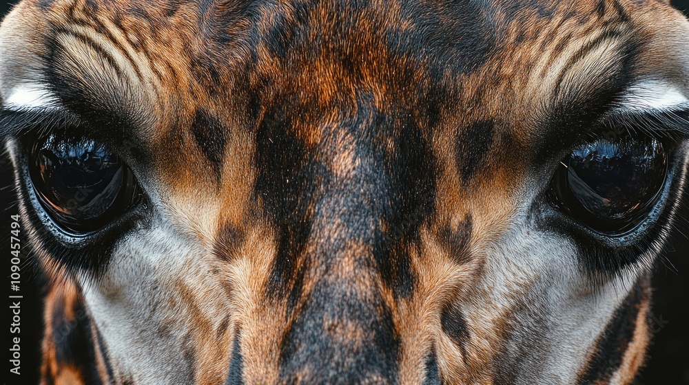 Poster close-up of a giraffe's face showcasing its unique patterns and expressive eyes.