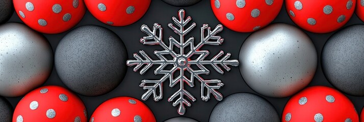 Simple central snowflake surrounded by soft charcoal grey and vibrant red polka dots with metallic textures for a bold, modern Christmas look