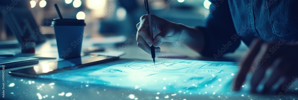 Aufkleber a person drawing on a digital tablet in a dimly lit setting, showcasing creativity and technology.