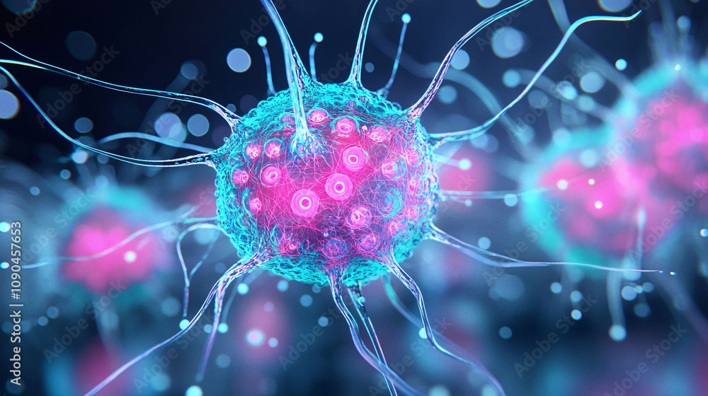 Poster vibrant microorganisms are depicted under a microscope, showing intricate details of their structure