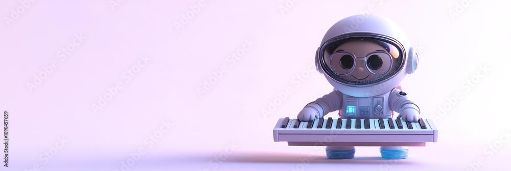 Poster a cartoon astronaut playing a keyboard in a minimalist setting.