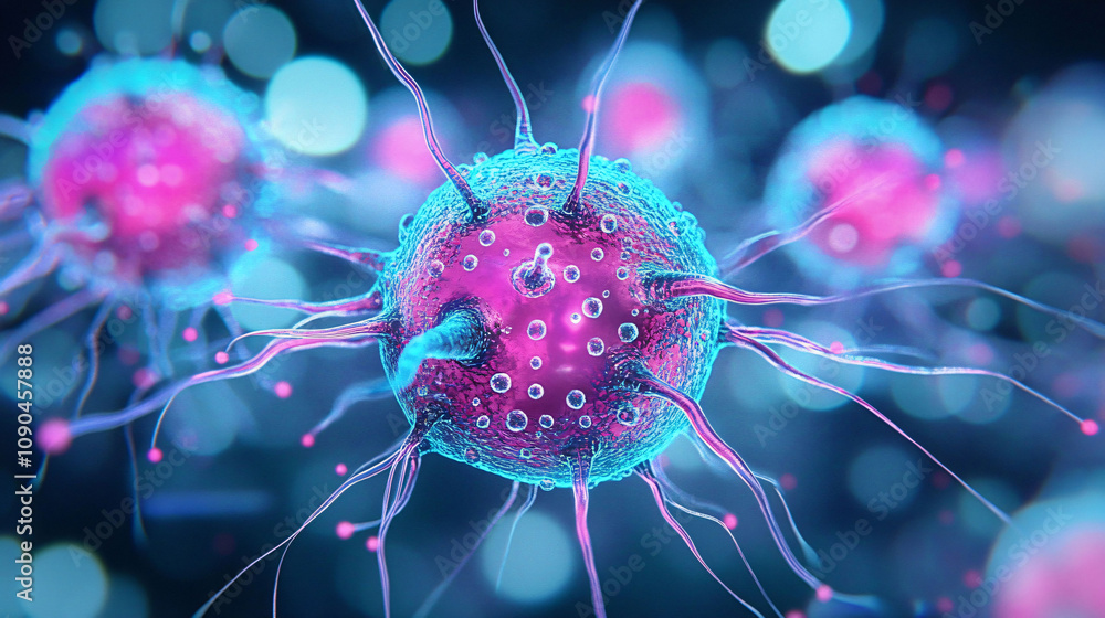 Poster vibrant microorganisms are depicted under a microscope, showing intricate details of their structure