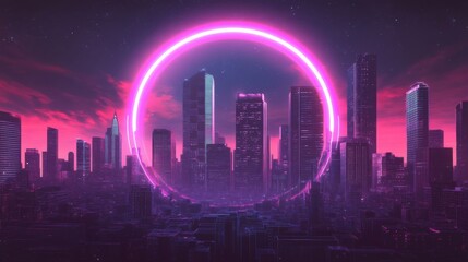 Fototapeta premium Futuristic city skyline at night illuminated by glowing neon circle, showcasing towering skyscrapers with vibrant pink and purple hues in a cyberpunk art style