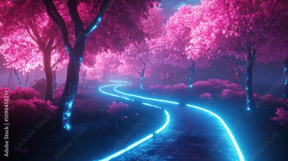 Poster enchanted pathway through neon pink trees and ethereal fog in a magical forest setting