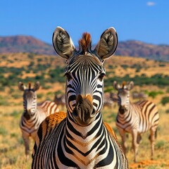 Obraz premium Mountain Zebra Herd in Namibia: A Close-Up Abstract of Wildlife Safari and Game Drive Adventure