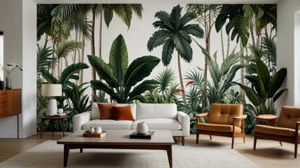 Fototapeta premium Lush tropical jungle mural in a modern living room.