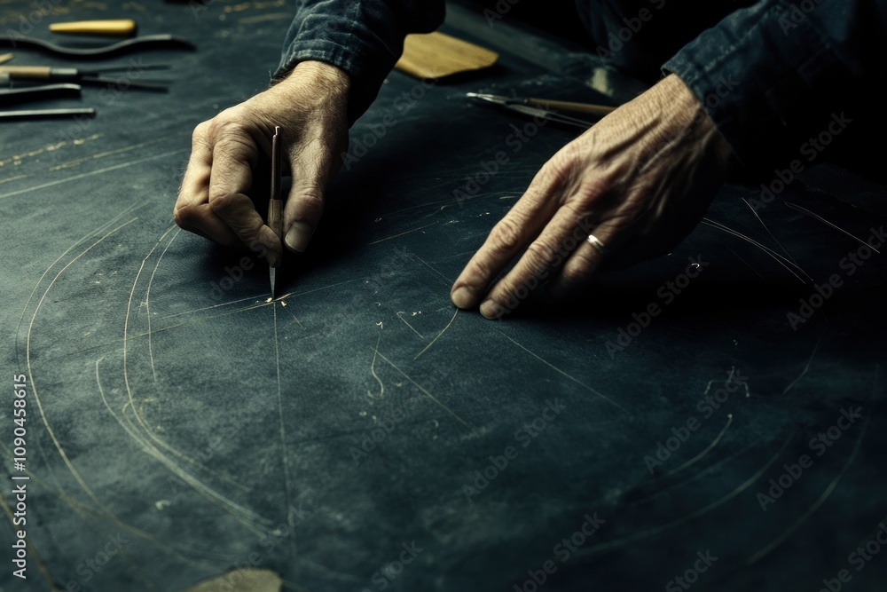 Poster A person using a tool to draw precise lines on a dark surface, likely for crafting or design.