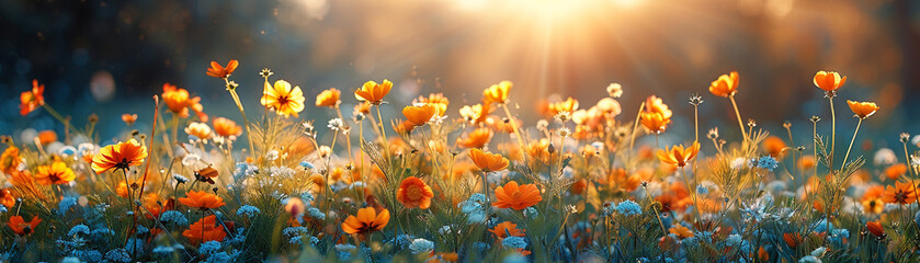 Obraz premium A field of flowers with the sun shining on them