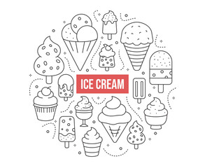 Ice Cream Line Icons. Sundae, vanilla, chocolate, cone, sorbet. Outline vector symbols in a circular composition.