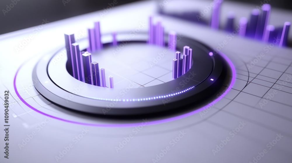 Poster abstract visualization featuring a circular graph with purple accents and bar elements.