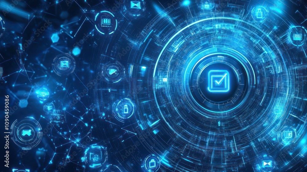 Aufkleber A digital interface with interconnected icons and a central checkmark symbolizing verification.