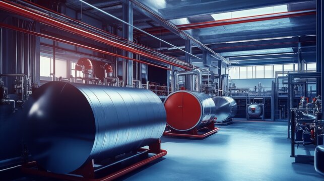 An innovative industrial environment highlighting large tanks and the essential piping of a boiler room.